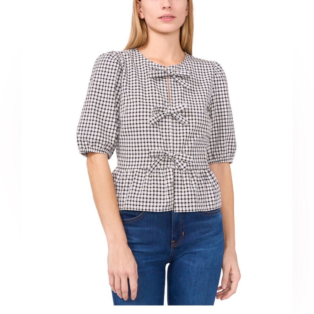 Cece Women's Gingham Bow-Front Peplum Top Cotton 6